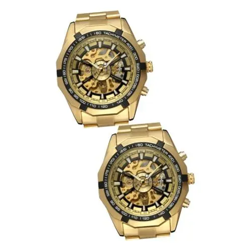 Produktbild: GALPADA 2stücke Automatik-Uhr Im Hollow-Stil Mechanisches Zeitmesser Mit Edelstahlband Gold Und Schwarz Präzise Für Täglichen Gebrauch Geeignet