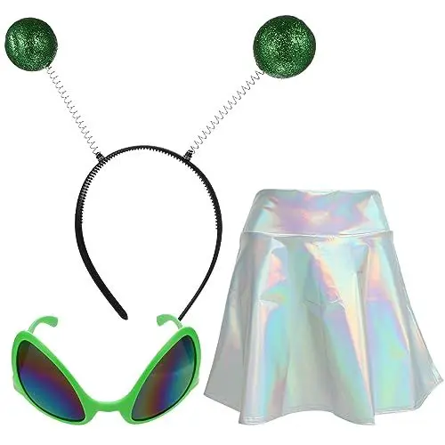 Produktbild: GALPADA Damen Metallic Rock Gläser Stirnband Antenna Ball Bopper Glänzender Holographischer Rock Mini Kleid Halloween Kostüm für Mädchen Dame Erwachsene Kinder Kinder