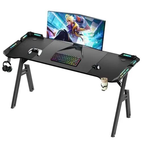 Produktbild: Gamer Tisch 140x60cm，A-Frame Gaming Schreibtisch，Computertisch PC mit Getränkehalter,Kopfhörer Haken Kohlefaserbeschichtung，Stabiler PC Schreibtisch Ergonomischer für Home Office，Gaming Tisch