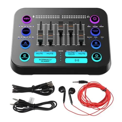 Produktbild: Gaming -Audio -Mixer, USB C RGB -PC -Mixer mit 3,5 -mm -Soundkabel, Live -Soundkarte und Audio -Schnittstelle Podcast Production Studio Equipment