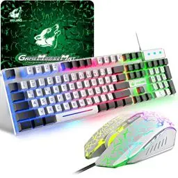Produktbild: Gaming Farbblock Tastatur Und Maus Set, QWERTZ German Layout Regenbogen LED Hintergrundbeleuchtung Ergonomische Keyboard 6 Tasten 2400 DPI Maus und Mauspad, USB Verkabelt, Weiße+Schwarz Tastenkappen