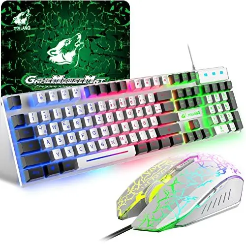 Produktbild: Gaming Farbblock Tastatur Und Maus Set, QWERTZ German Layout Regenbogen LED Hintergrundbeleuchtung Ergonomische Keyboard 6 Tasten 2400 DPI Maus und Mauspad, USB Verkabelt, Weiße+Schwarz Tastenkappen