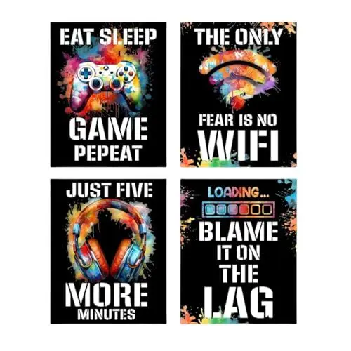 Produktbild: Gaming Poster mit Rahmen, 4 Stück Jugendzimmer Bilder Gaming Bilder Mit Poster Rahmen Wandbilder Set Wohnzimmer Schlafzimmer Spielzimmer Kinderzimmer Geschenk Kunstdrucke Dekor 25*20 CM (Bunt)