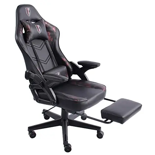 Produktbild: Gaming Stuhl im modernen Racing-Design mit ausziehbarer Fußstütze Gaming Chair mit verstellbaren Design Armlehnen ergonomischer Schreibtischstuhl mit extra Stützkissen, Farbe:Schwarz/Military -Rosa