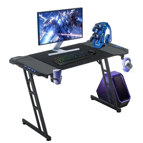 Produktbild: Gaming Tisch mit LED, Gaming-Tisch 140x60, Z Rahmen Stabiler Gaming mit Kühle Kohlefaserbeschichtung, Gaming Schreibtisch Ergonomischer mit Kopfhörerhaken, Tisch Ergonomischer Einfach zu Montieren