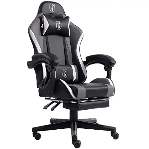 Produktbild: Gaming im Racing-Design mit flexiblen gepolsterten Armlehnen ergonomischer PC Gaming Stuhl in Lederoptik Schreibtischstuhl mit ausziehbarer Fußstütze und extra Stützkissen, Farbe:Schwarz/Grau-Weiß
