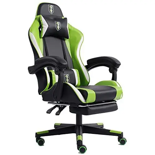Produktbild: Gaming im Racing-Design mit flexiblen gepolsterten Armlehnen ergonomischer PC Gaming Stuhl in Lederoptik Schreibtischstuhl mit ausziehbarer Fußstütze und extra Stützkissen, Farbe:Schwarz/Grün-Weiß