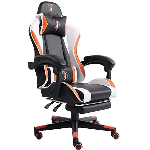 Produktbild: Gaming im Racing-Design mit flexiblen gepolsterten Armlehnen ergonomischer PC Gaming Stuhl in Lederoptik Schreibtischstuhl mit ausziehbarer Fußstütze und extra Stützkissen, Farbe:Schwarz/Weiß-Orange