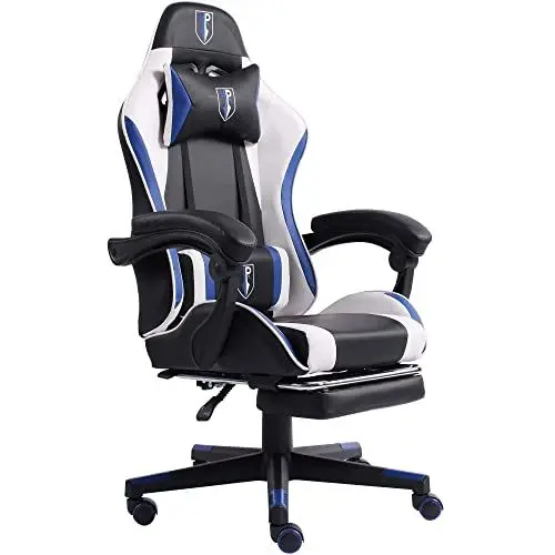 Produktbild: Gaming im Racing-Design mit flexiblen gepolsterten Armlehnen ergonomischer PC Gaming Stuhl in Lederoptik Schreibtischstuhl mit ausziehbarer Fußstütze und extra Stützkissen, Farbe:Schwarz/Weiß-Blau