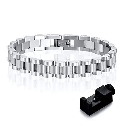 Produktbild: Damen Armband Klassische Uhrenarmband - Verstellbare Edelstahl Link Bracelet Breite Armreif Gold /Silber Elegant Armkette Modeschmuck Damengeschenk für Freund, Frau, Mutter, Tochter (Silber 18CM)
