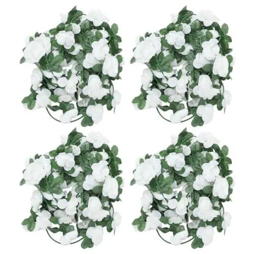 Produktbild: GANAZONO 4 Stück Künstliche Ranken Mit Blumen Hängepflanzen Seidengirlande Künstliche Rosenreben Blumen Pflanzen Hängepflanze Für Garten Wand Zaun Hochzeit Party Dekoration Weiß