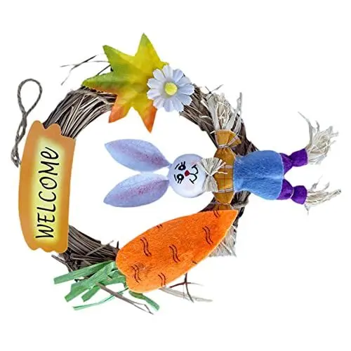 Produktbild: GANAZONO -türhänger Frühlings-willkommenskranz Hängende Jahreszeitenkränze Hof Willkommen Hängen Hase Holzschild Rattan-rebenkranz Wanddekoration Osterhasenkranz Stoff Sommer Fujito