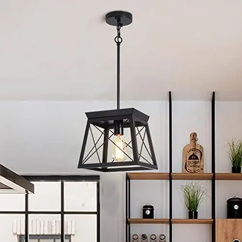 Produktbild: Ganeed Bauernhaus Pendelleuchte Leichter Metallkäfig Rustikale Laterne Kronleuchter Höhenverstellbare Hängeleuchte für Küche Insel Esszimmer Schlafzimmer Foyer E27 Schwarz 1 Licht