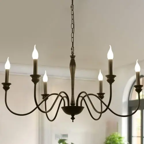 Produktbild: Ganeed Hängender Kronleuchter 95 cm Französisch Country Rustikale Kerzenstil Lichtanhänger mit verstellbarer Kette Schwarz 6 Lichter