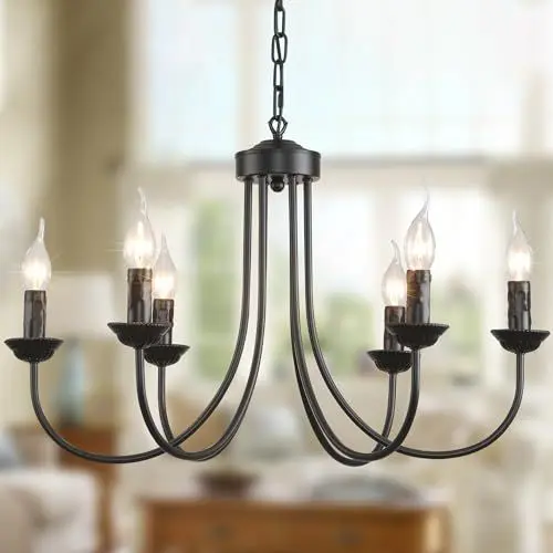 Produktbild: Ganeed Hängender Kronleuchter Französisch Country Rustikale Leuchten 62 cm für Treppenhaus Flur Schwarz 6 Lichter