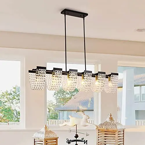 Produktbild: Ganeed Kristall Pendelleuchte Esszimmer Kronleuchter Küche Insel Modernes Dekor Deckenbeleuchtung Schmiedeeisen Luxus Hängender Kronleuchter E27 Schwarz 6 Lichter