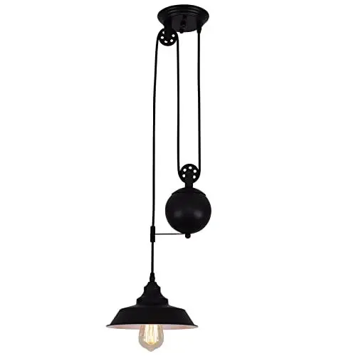 Produktbild: Ganeed Pulley Pendelleuchte, Höhenverstellbare Industrielle Riemenscheibenbeleuchtung, Rustikale Deckenleuchte Edison Island Lampe für Bauernhaus Esszimmer Küche Flur, Schwarz Glühbirne Steckdose