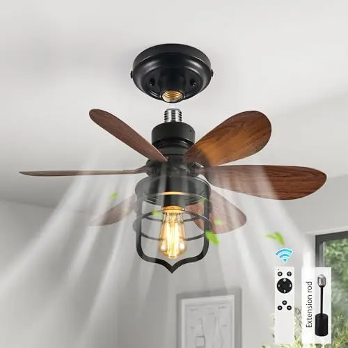 Produktbild: Ganeed Schraube In Deckenventilator Lichtsteckdose mit Fernbedienung E27 Kleine Ventilatoren für Schlafzimmer Bauernhaus Industriestil Lampe Indoor Wäscherei Garage Flur Foyer Schwarz