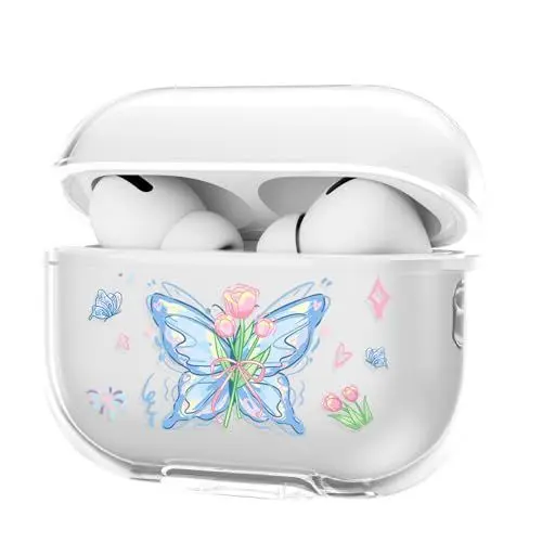 Produktbild: GANGANPRO für AirPods 3rd Generation Schutzhülle, Stoßfest Militärqualität Weiches TPU Transparent, Schmetterling Drucken Vergilbungsfrei, für AirPods 3 Hülle Mit Splitterschnalle (3065)