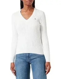 Produktbild: GANT Damen Stretch Cotton Cable V-neck Pullover, Eggshell, L EU