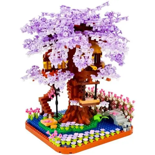 Produktbild: GaoDeBuChou Lila Kirschblüte Baumhaus,Blumen Bonsai Baum,2200 PCS Botanical Mikro klemmbausteine Set für Erwachsene und 14+Kinder,Nicht kompatibel mit Lgo(Mit einem Lichtset)