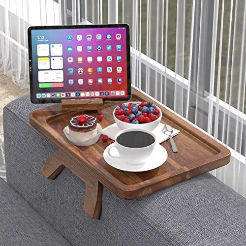 Produktbild: GAOHANG Sofatablett Akazienholz Sofatablett Armlehne mit drehbarem Halter, Clip On Couch Ablage Anti-Rutsch Holz Couch Tablett Armlehne für Snacks, Handy, Steuerung, Tassen, 13.8 x 9.5 inch
