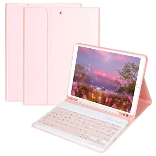 Produktbild: GAOJIE Tastatur Hülle für IPad 9th Gen 2021/8th Gen 2020/7th Gen 2019/IPad Air 3 Gen 2019/IPad Pro 10.5 2017 10.2 Zoll, Bluetooth Abnehmbare QWERTZ Deutscher Tastatur(Rosa)