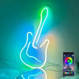 Produktbild: Gaoxun Gitarre RGB Neonschild, Farbwechsel LED Neonlicht Dimmbar, 40x19 cm Neon Schilder, App Steuerung, Music Sync, Leuchtreklame mit USB-betrieben für Party Raum Bar Gaming Deko (Mehrfarbig)