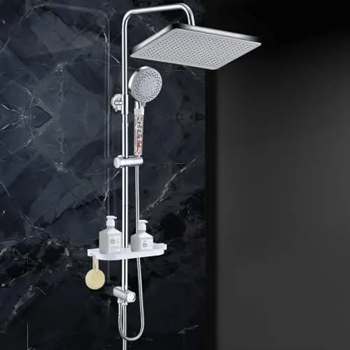 Produktbild: GAOZHI Regendusche Duschkopf 30x20cm Eckig Regendusche ohne Armatur mit 5 Funktions Handbrause Duscharmatur mit Ablage Duschbrause mit Schlauch und Halterung Verstellbares Duschstangeset 60–107cm