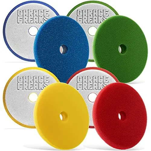 Produktbild: Garage Freaks Politurschwamm Komplettset: Heavy Cut Pad - Medium Cut Pad - Finish Cut Pad - Wax Foam Pad - Polierpad 150mm für 125mm Stützteller - Made by Menzerna - abgestimmt Hochleistungspolituren
