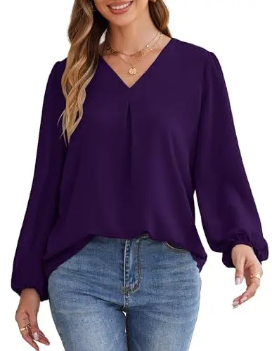 Produktbild: GARCE Karin Damen Elegant Langarm Hemdbluse Einfarbig V-Ausschnitt Chiffon Oberteil Violett L