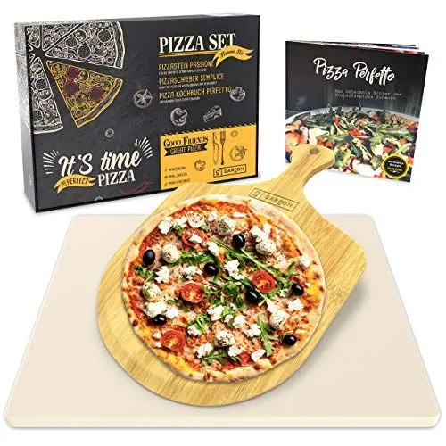 Produktbild: GARCON - Premium Pizzastein (eckig) für Backofen & Gasgrill - Vergleichssieger 2019-3er Set inkl. Pizza Stone, Pizzaschieber & Kochbuch zum Pizza Backen - Pizzaset ideal auch für Flammkuchen und Brot