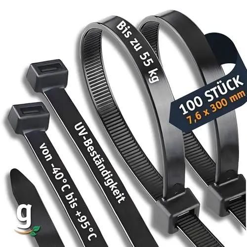 Produktbild: Gardazon Kabelbinder UV-Beständig Schwarz - 100 Stück (7,6 x 300 mm) 55kg Zugkraft, Strapazierfähige Nylon-Kabelbinder, Witterungsbeständig für den Innen- und Außenbereich
