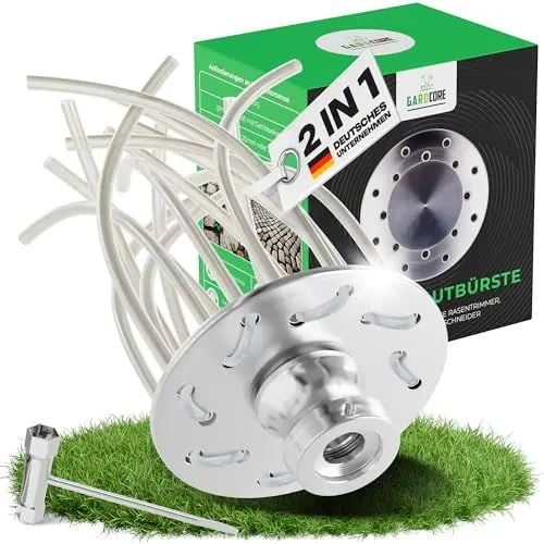 Produktbild: GARDCORE® 2in1 Unkrautbürste Freischneider (Mähen & Pflaster reinigen | inkl. 30m Faden) Wildkrautbürste für Motorsense Zubehör | Fugenbürste Unkraut | Trimmerkopf inkl. 20mm Adapter & Werkzeug