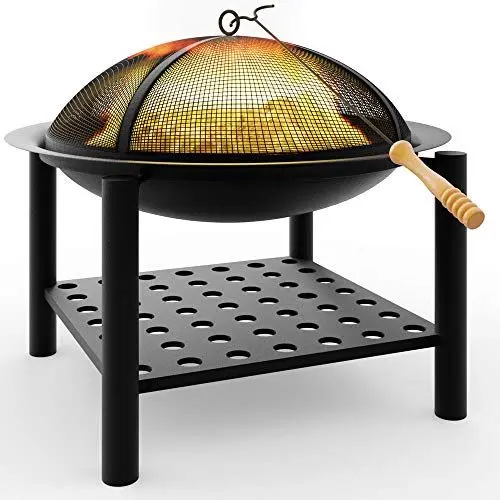 Produktbild: Gardebruk® Feuersschale mit Funkenschutz Abdeckung Schürhaken Rund Ø 55cm Holz Ablage Stahl Schwarz Feuerstelle Feuerkorb Garten Terrasse Kamin Grill