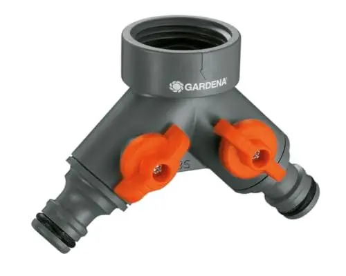 Produktbild: Gardena 2-Wege-Ventil: Wasserverteiler für Wasserhahn mit 33,3 mm (G 1 Zoll)-Gewinde, für gleichzeitigen Anschluss von zwei Geräten, beide Ausgänge regulierbar (940-20)