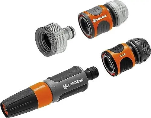 Produktbild: Gardena Grundausstattung mit Anschlussteilen für 13 mm (1/2 Zoll)- und 15 mm (5/8 Zoll)-Schläuche: Wasserhahn Anschluss-Set mit Reinigungsspritze (18291-20)