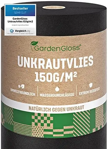 Produktbild: GardenGloss 50m2 Unkrautvlies Gartenvlies 150g/m2 Extra Stark Gegen Unkraut – Extrem Reissfest und Hohe UV-Stabilisierung – Unkrautfolie Wasserdurchlässig (50m x 1m, 1 Rolle)