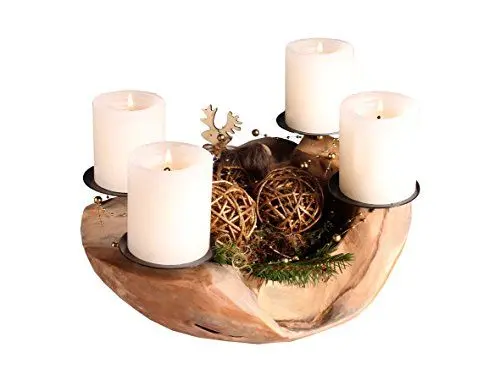 Produktbild: GARDENho.me Deko Schale Teakholz Adventskranz Ø 20-25 cm mit 4 Kerzenpicks