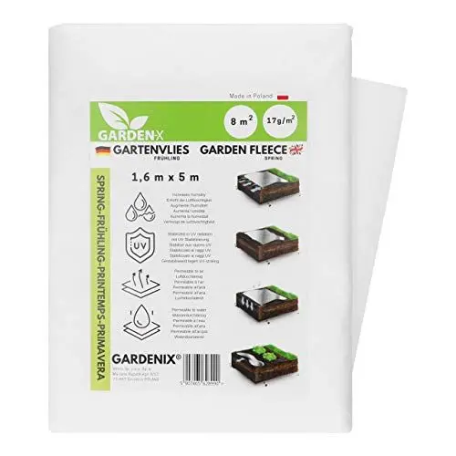 Produktbild: GARDENIX Frostschutz Pflanzen Wachstumsvlies - Gartenvlies Hochbeet 1.6m x 5m für Pflanzen Abdeckung, Vlies, Folie Frühbeet 17g/m², Abdeckvlies, Gartenvlies Winterschutzvlies, Windschutz, Lochfolie