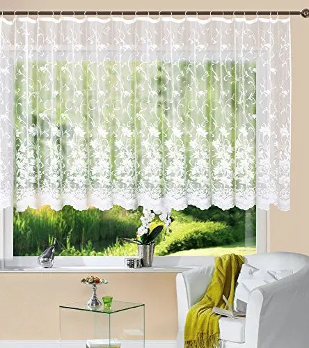 Produktbild: Gardine Store Kurzstore Jacquard Koblenz HxB 145x300 cm Kräuselband Universalband Weiß Blumenmuster Transparent Voile Vorhang Wohnzimmer