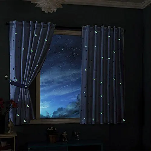 Produktbild: Gardinenbox Vorhang Schal Blickdicht Motiv Sterne Monde fluoreszierend Leuchtend Kinder Kids Schlaufenband Universalband Blau 2 Stück 175x145 (Höhe x Breite cm), 20495