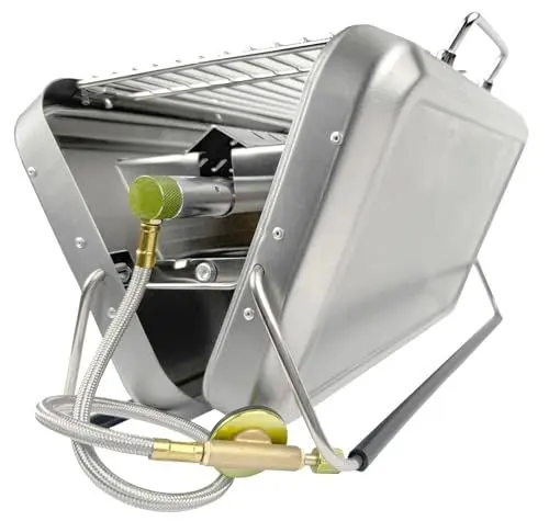 Produktbild: GARDINGER BBQ 42 mobiler Koffergrill aus Edelstahl für Gaskartuschen Holzkohle | Klappbarer Camping-Grill für Picknick Outdoor mit Grillzange | 31x20x7 cm