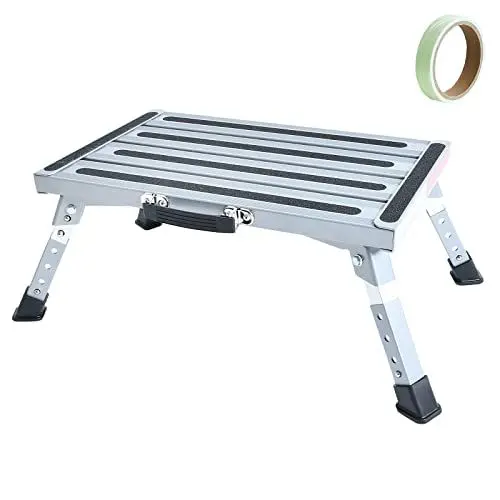 Produktbild: GARDTECH Wohnwagen Trittstufe, Aluminium Klapptritt Max Belastung 150 kg Höhenverstellbar für Caravan Wohnmobil SUV, Camping Bus oder als Home Fußhocker, mit Leuchtstoffstreifen