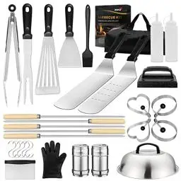 Produktbild: GARELF Grill Zubehör Set mit Flacher Oberseite, 30-Teiliges Grillwerkzeug Set für Blackstone und Campingkoch mit Schaber, Spatel, Zange, Eierring, für Outdoor Camping, Party, Teppanyaki und Gasgrill
