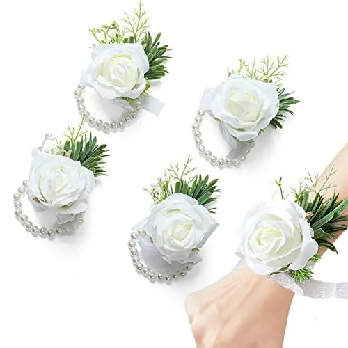 Produktbild: Garisey 4 x weiße Rosen, Handgelenk-Blumen, künstliche Rosen, für Zeremonien, Abschlussball, Party-Zubehör (4 Handgelenk-Ansteckblumen, weiß)