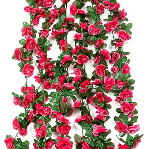 Produktbild: Garisey 6 Pcs 15 m Blume Girlande künstliche Rose Rebe künstliche Blumen hängende Rose Efeu Girlande für Home Hotel Party Hochzeit Bogen Dekoration (Rose rot)