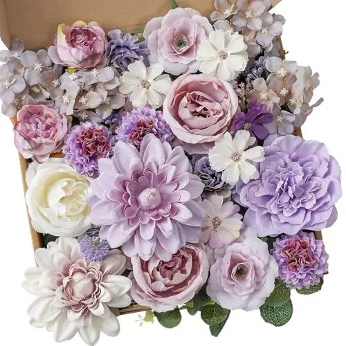 Produktbild: Garisey Künstliche Blumen Kombi-Box Set für DIY Hochzeit Blumenstrauß Arrangements Brautdusche Party Home Dekorationen (Weiß Lila Pfingstrose)