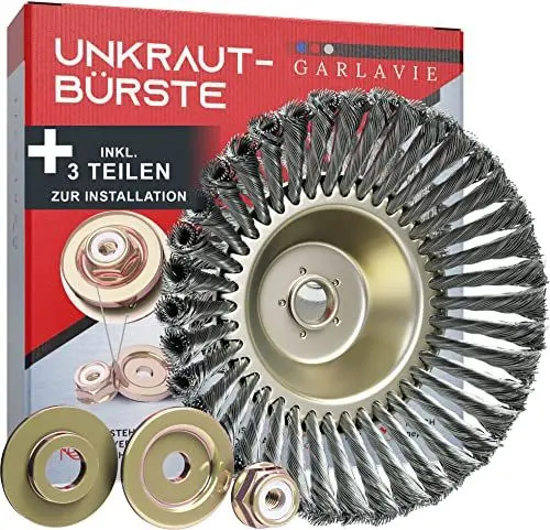 Produktbild: GARLAVIE Profi Unkrautbürste Freischneider mit 25,4mm Bohrung - Hochwertige Wildkrautbürste für Motorsense - Drahtbürste Freischneider für effektive Moosentfernung, Silber