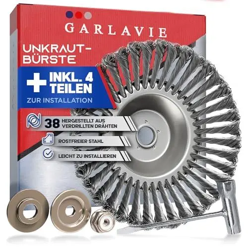 Produktbild: GARLAVIE Profi Unkrautbürste und Installationswerkzeug für Freischneider mit 25,4mm Bohrung - Hochwertige Wildkrautbürste für Motorsense - Drahtbürste Freischneider für effektive Moosentfernung
